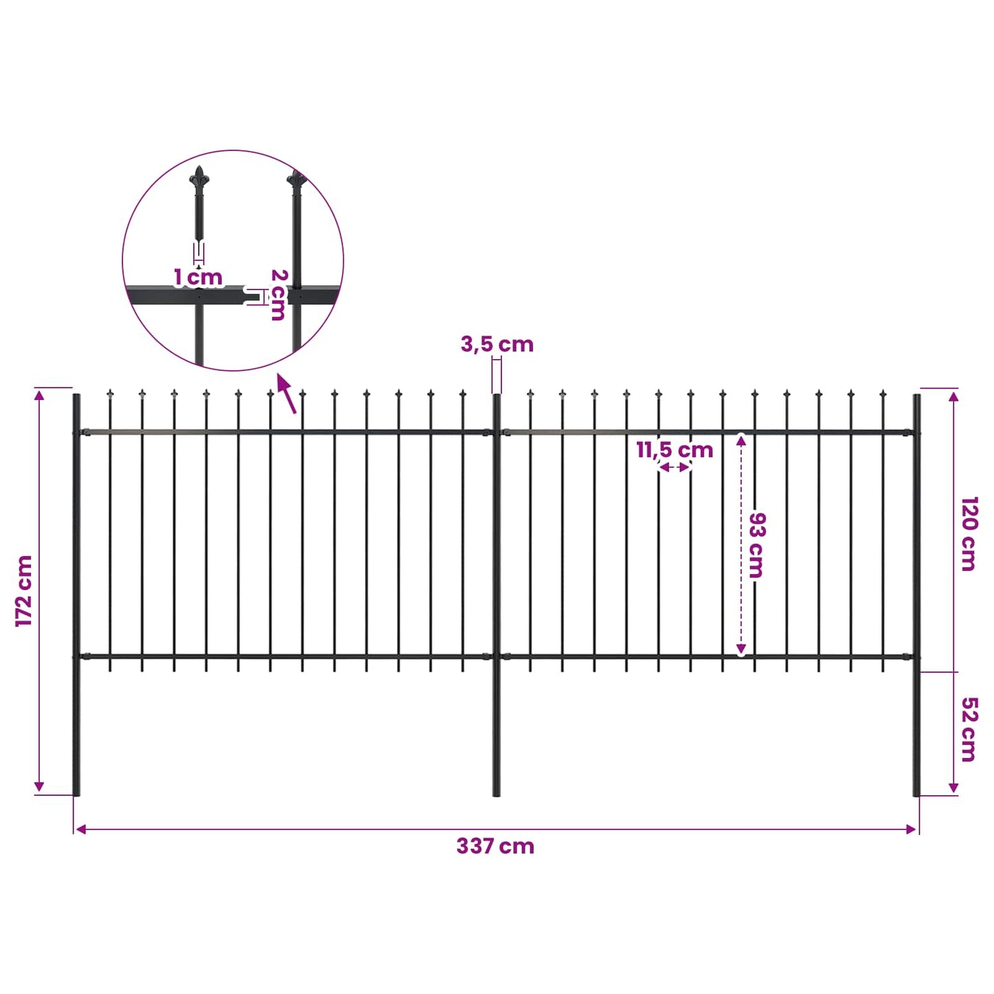 Garden Fence with Spear Top Steel 337x120 cm Black