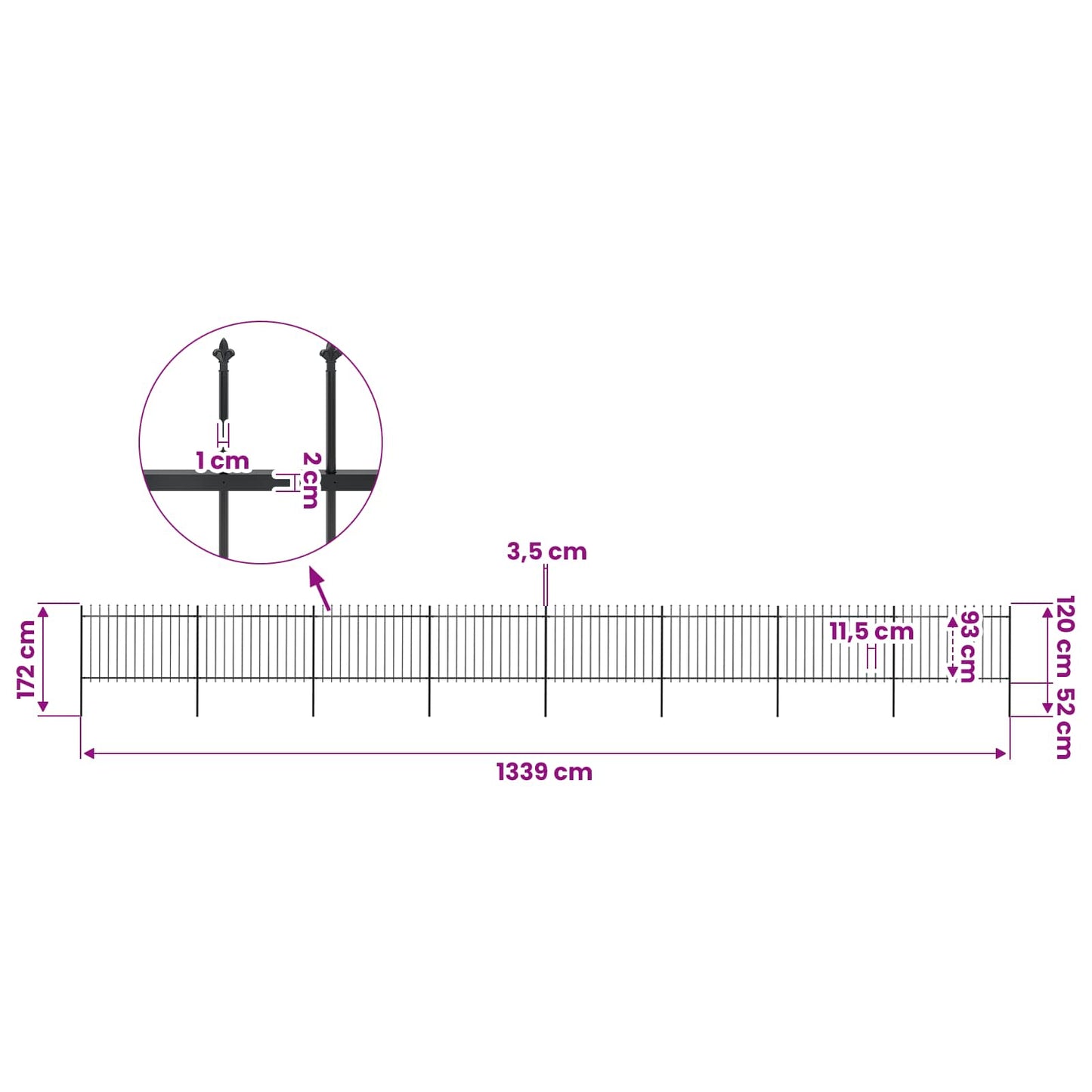 Garden Fence with Spear Top Steel 1339x120 cm Black