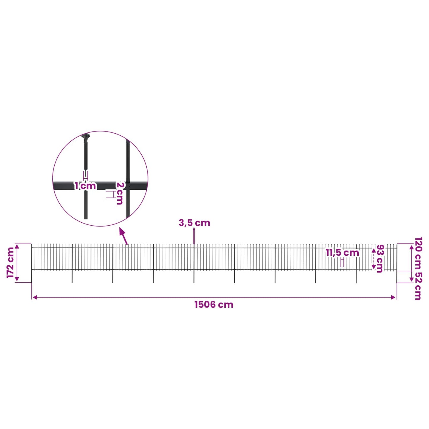 Garden Fence with Spear Top Steel 1506x120 cm Black
