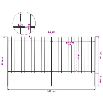 Garden Fence with Spear Top Steel 337x150 cm Black