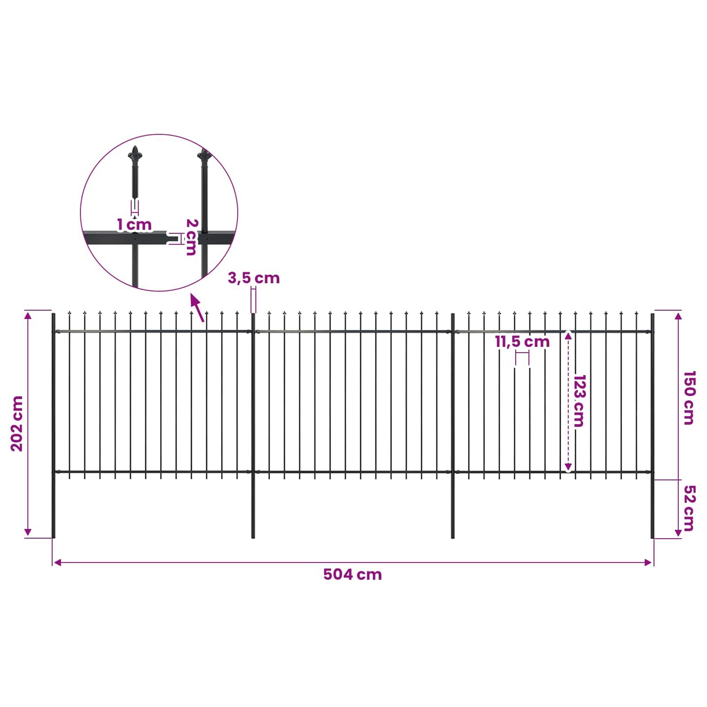 Garden Fence with Spear Top Steel 504x150 cm Black