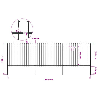 Garden Fence with Spear Top Steel 504x150 cm Black