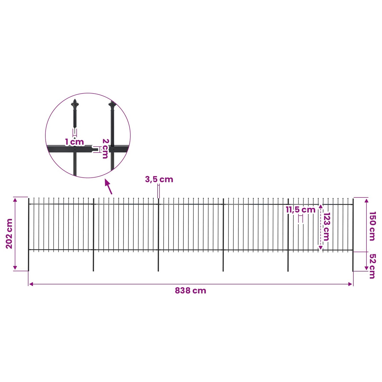 Garden Fence with Spear Top Steel 838x150 cm Black