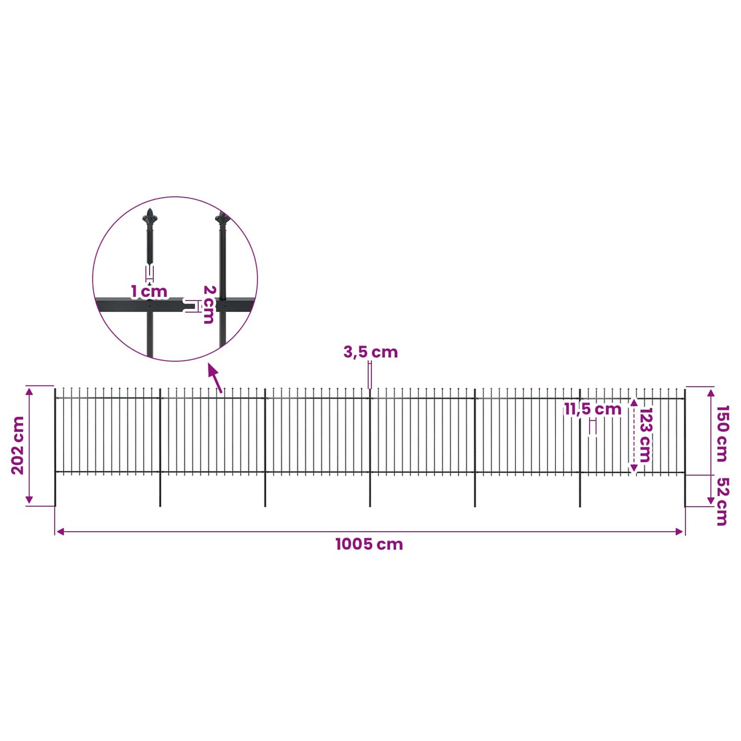 Garden Fence with Spear Top Steel 1005x150 cm Black
