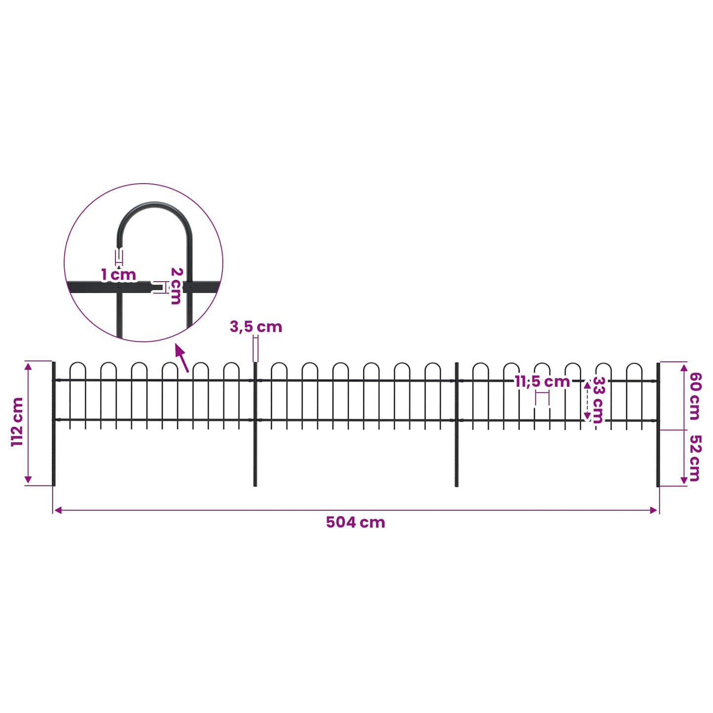 Garden Fence with Hoop Top Steel 504x60 cm Black