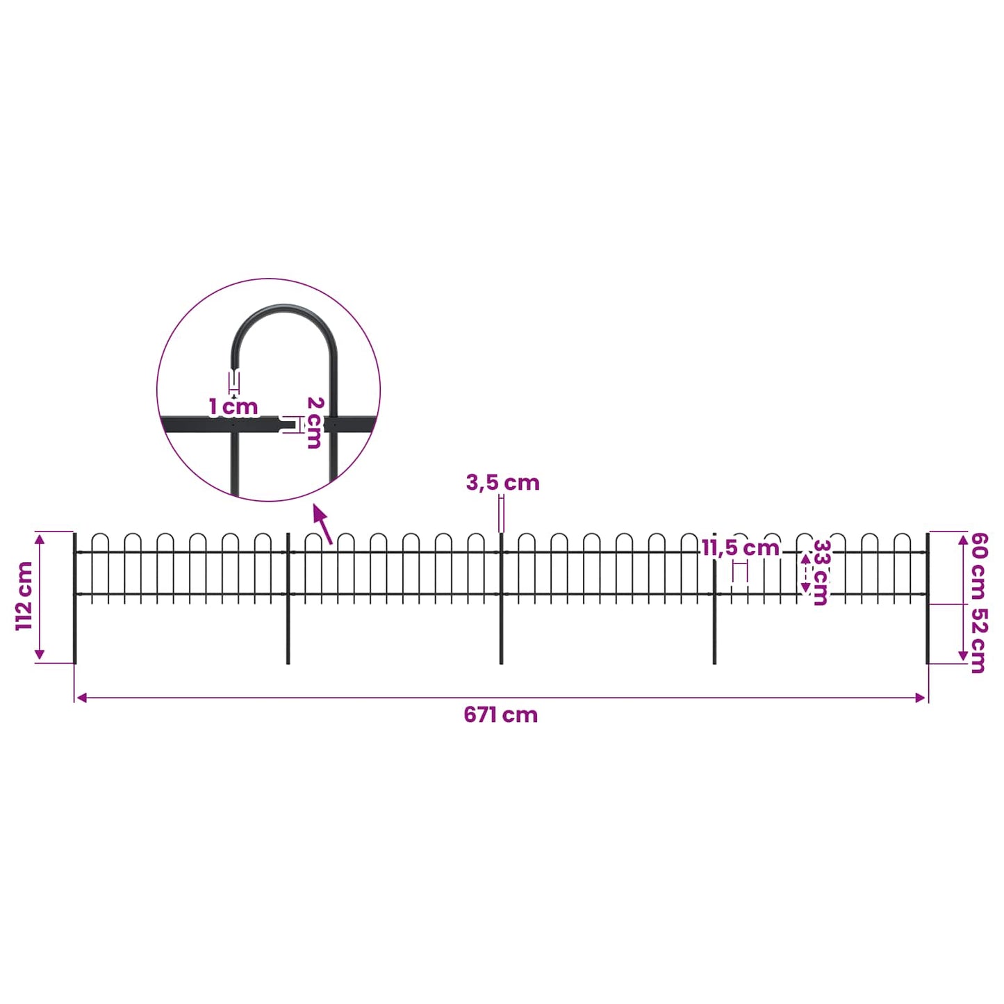 Garden Fence with Hoop Top Steel 671x60 cm Black