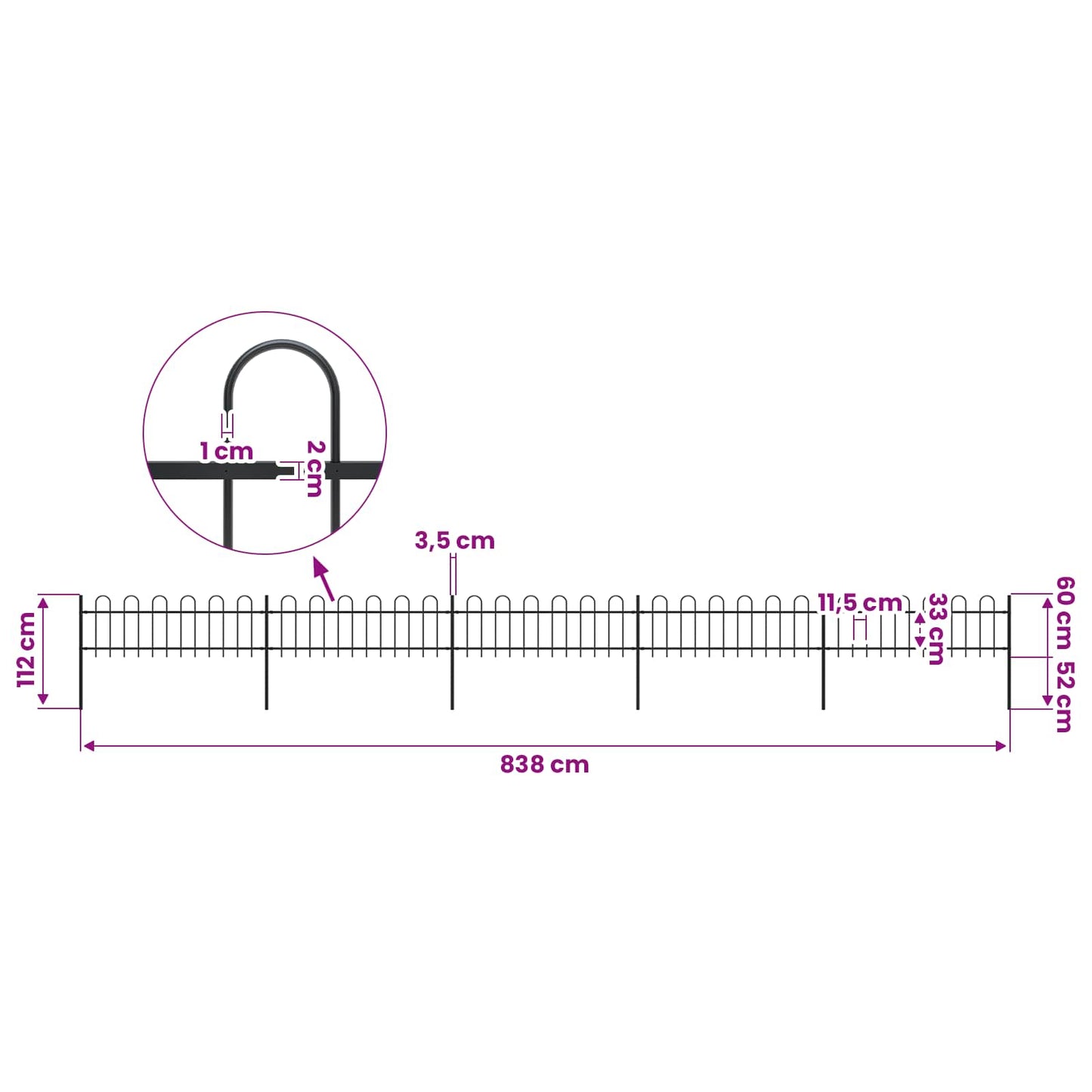 Garden Fence with Hoop Top Steel 838x60 cm Black