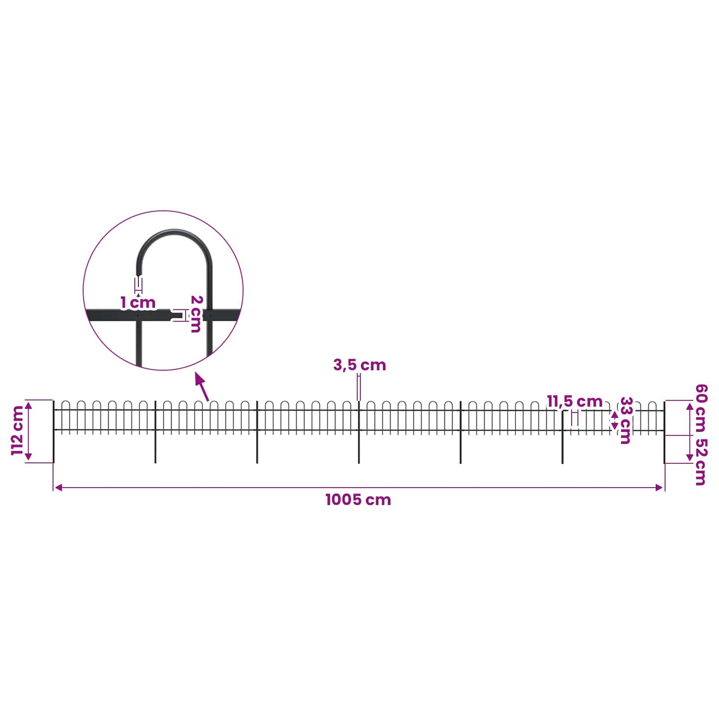 Garden Fence with Hoop Top Steel 1005x60 cm Black