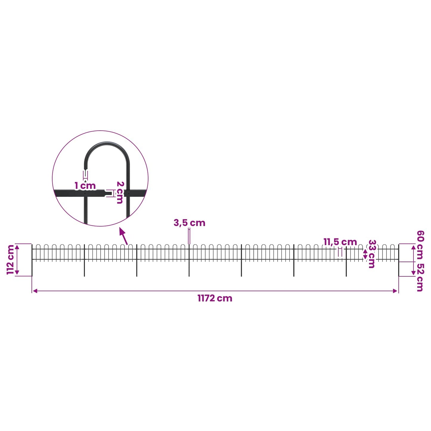 Garden Fence with Hoop Top Steel 1172x60 cm Black