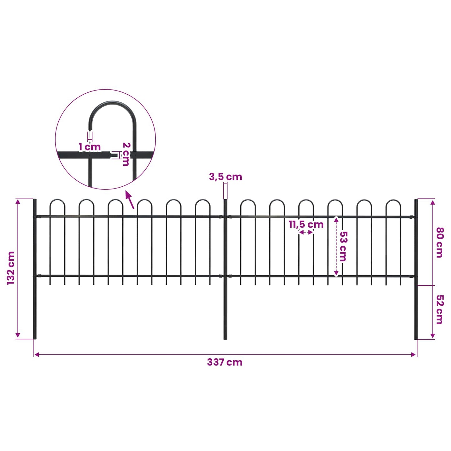 Garden Fence with Hoop Top Steel 337x80 cm Black