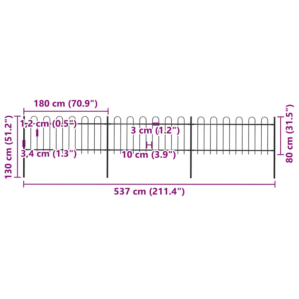 Garden Fence with Hoop Top Steel 537x80 cm Black