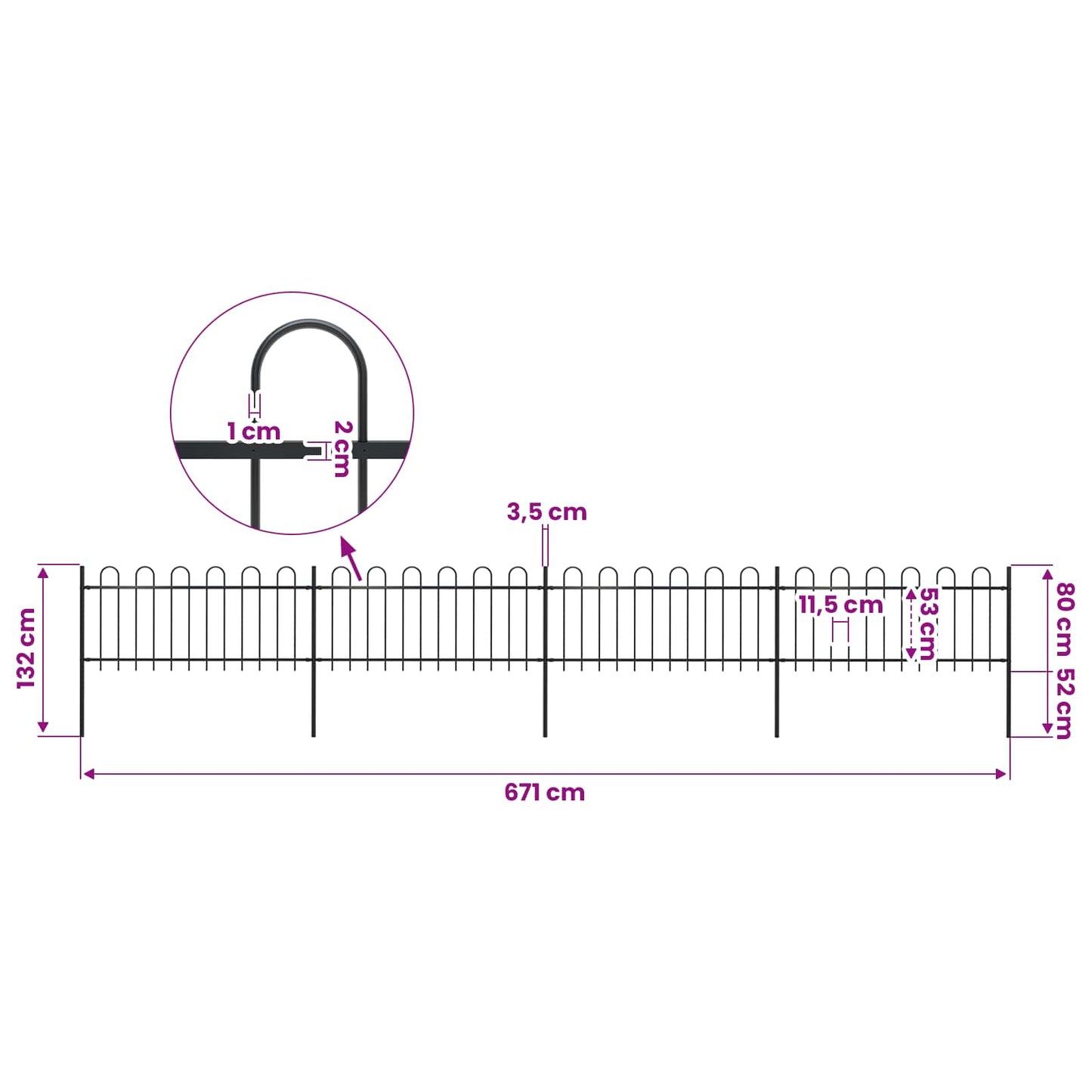 Garden Fence with Hoop Top Steel 671x80 cm Black