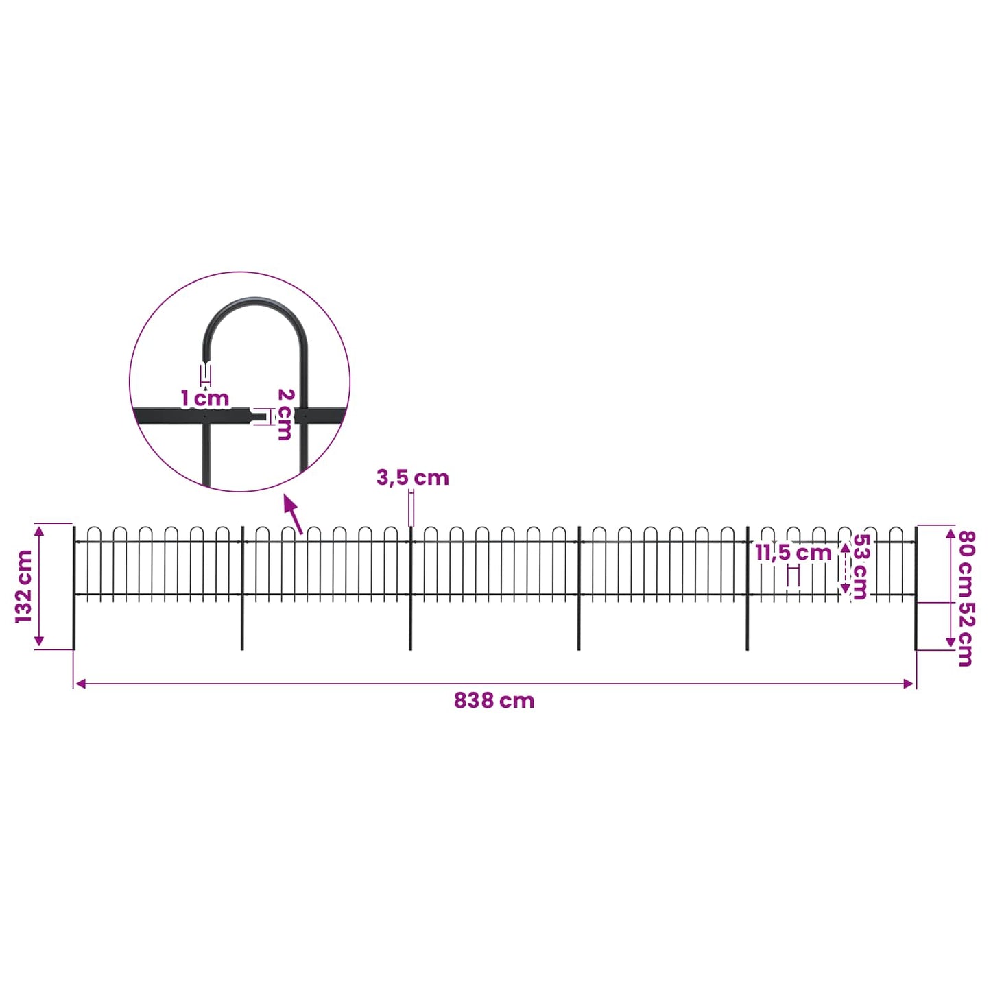 Garden Fence with Hoop Top Steel 838x80 cm Black