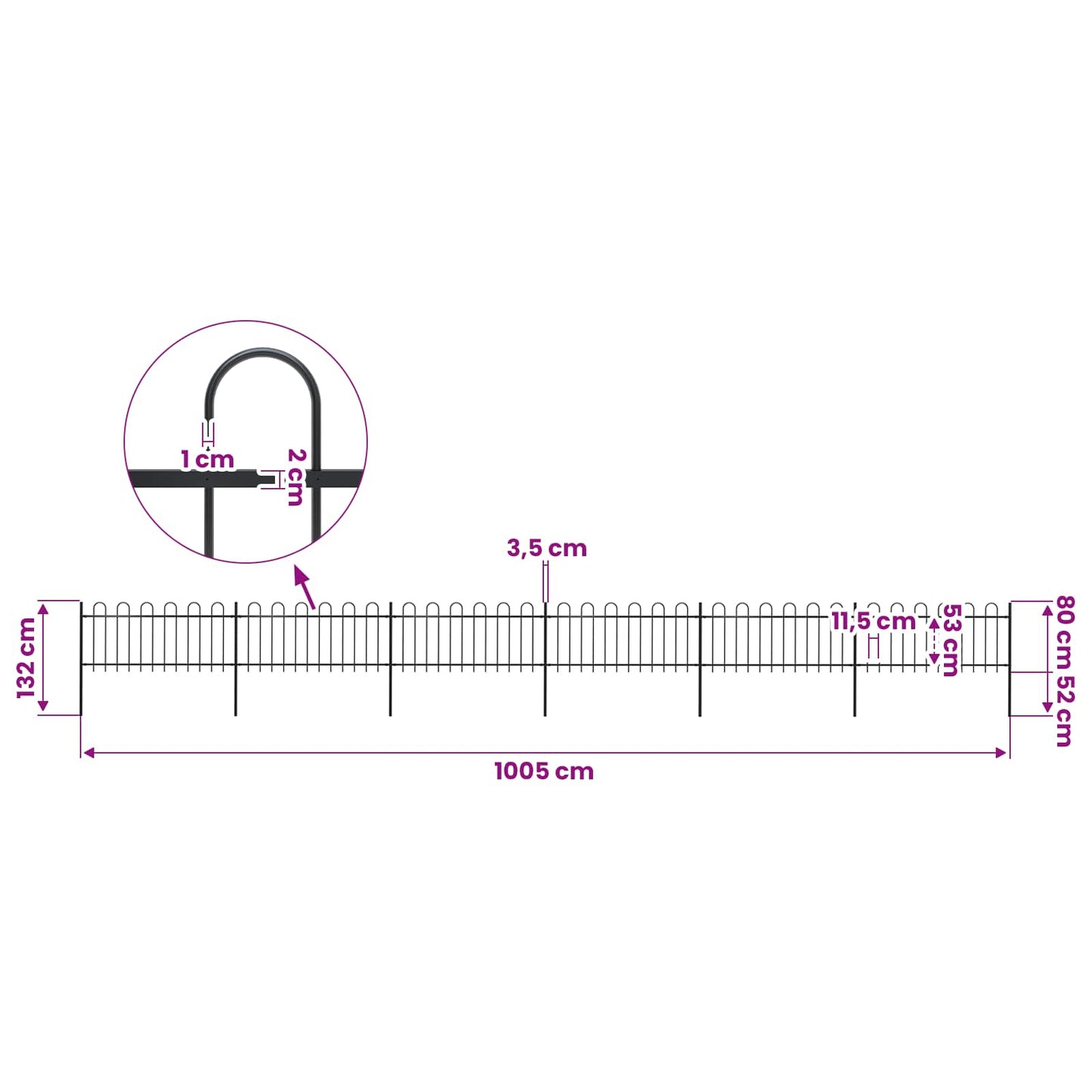 Garden Fence with Hoop Top Steel 1005x80 cm Black