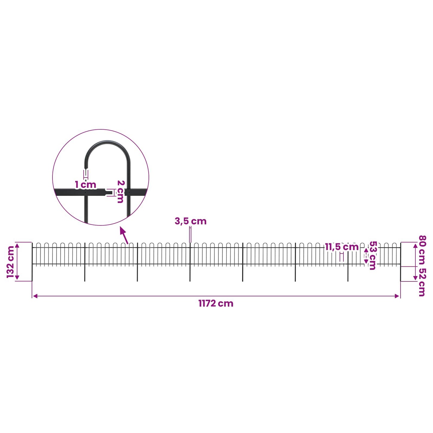 Garden Fence with Hoop Top Steel 1172x80 cm Black