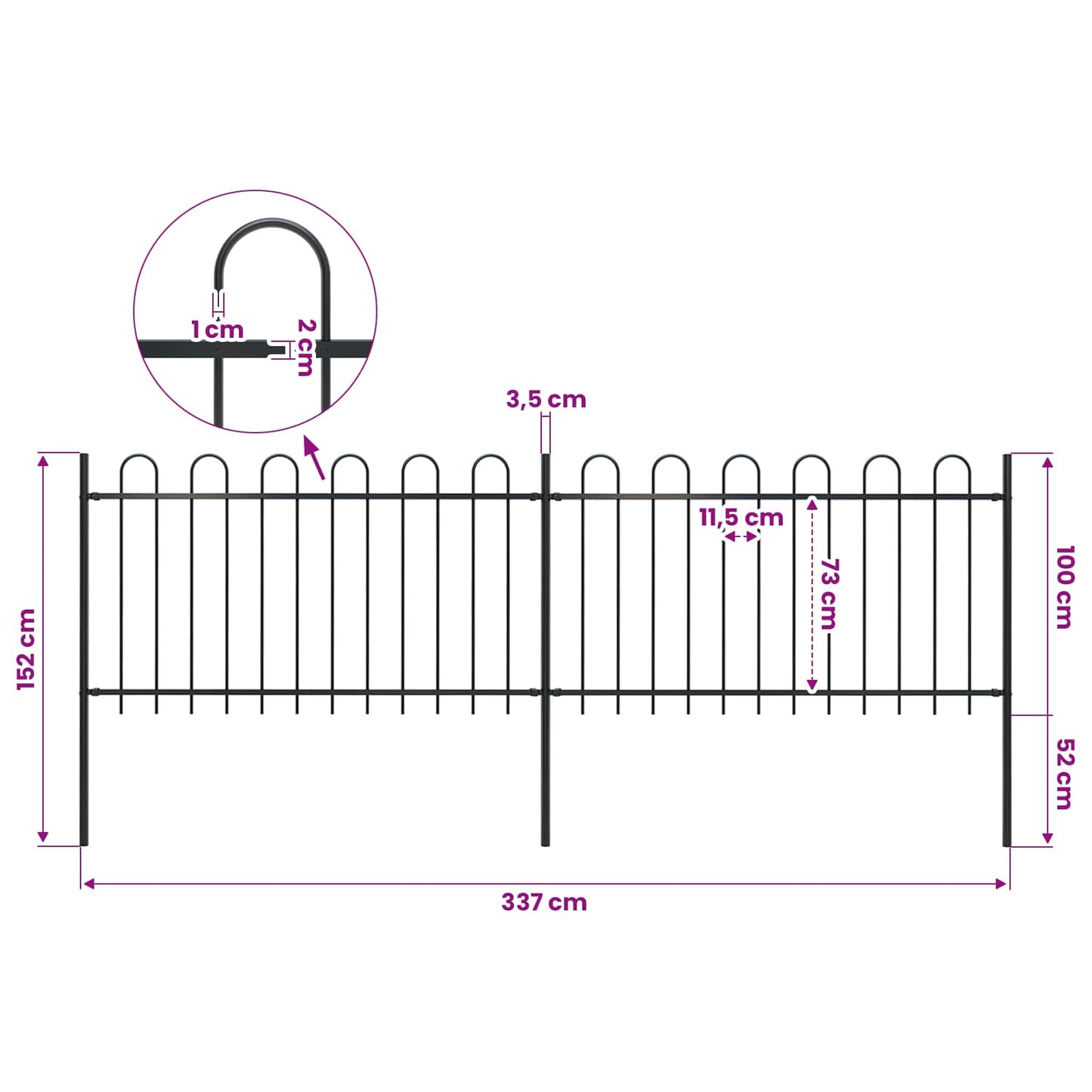 Garden Fence with Hoop Top Steel 337x100 cm Black