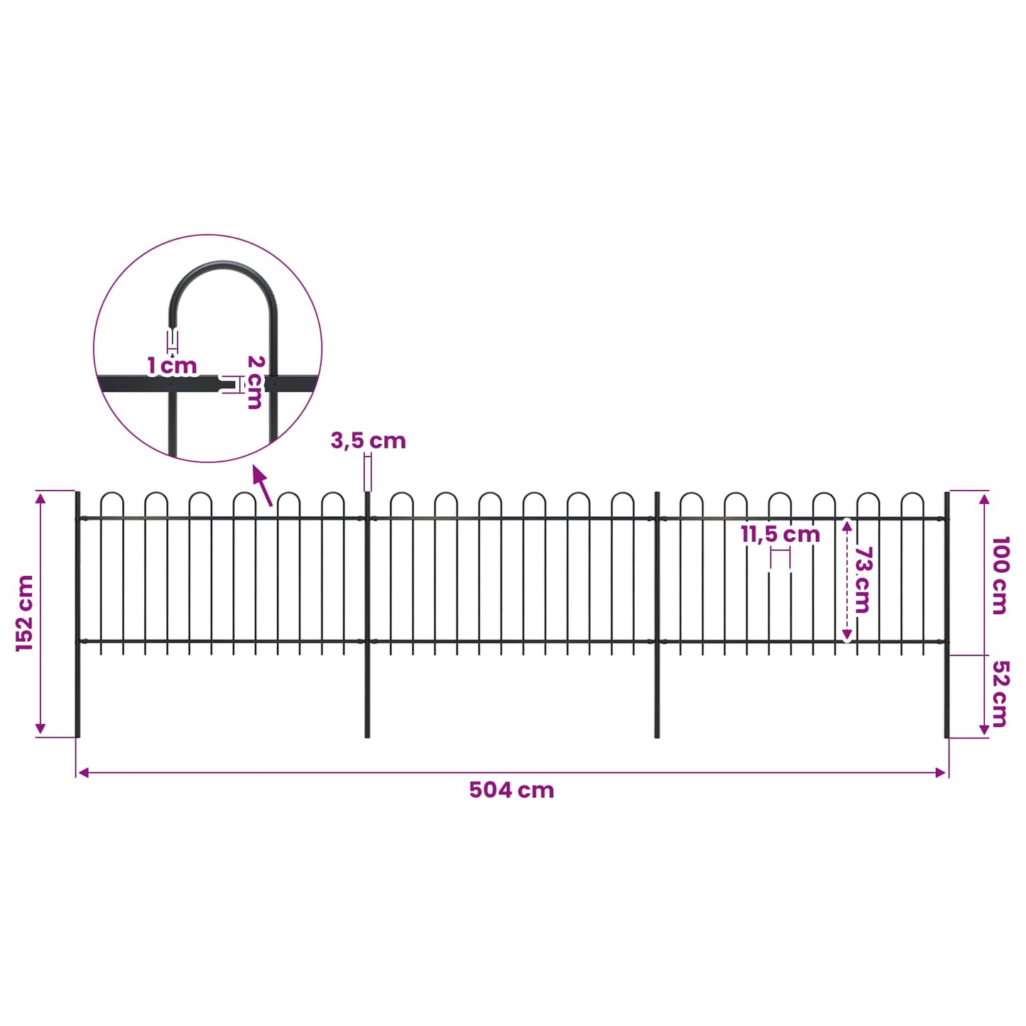 Garden Fence with Hoop Top Steel 504x100 cm Black