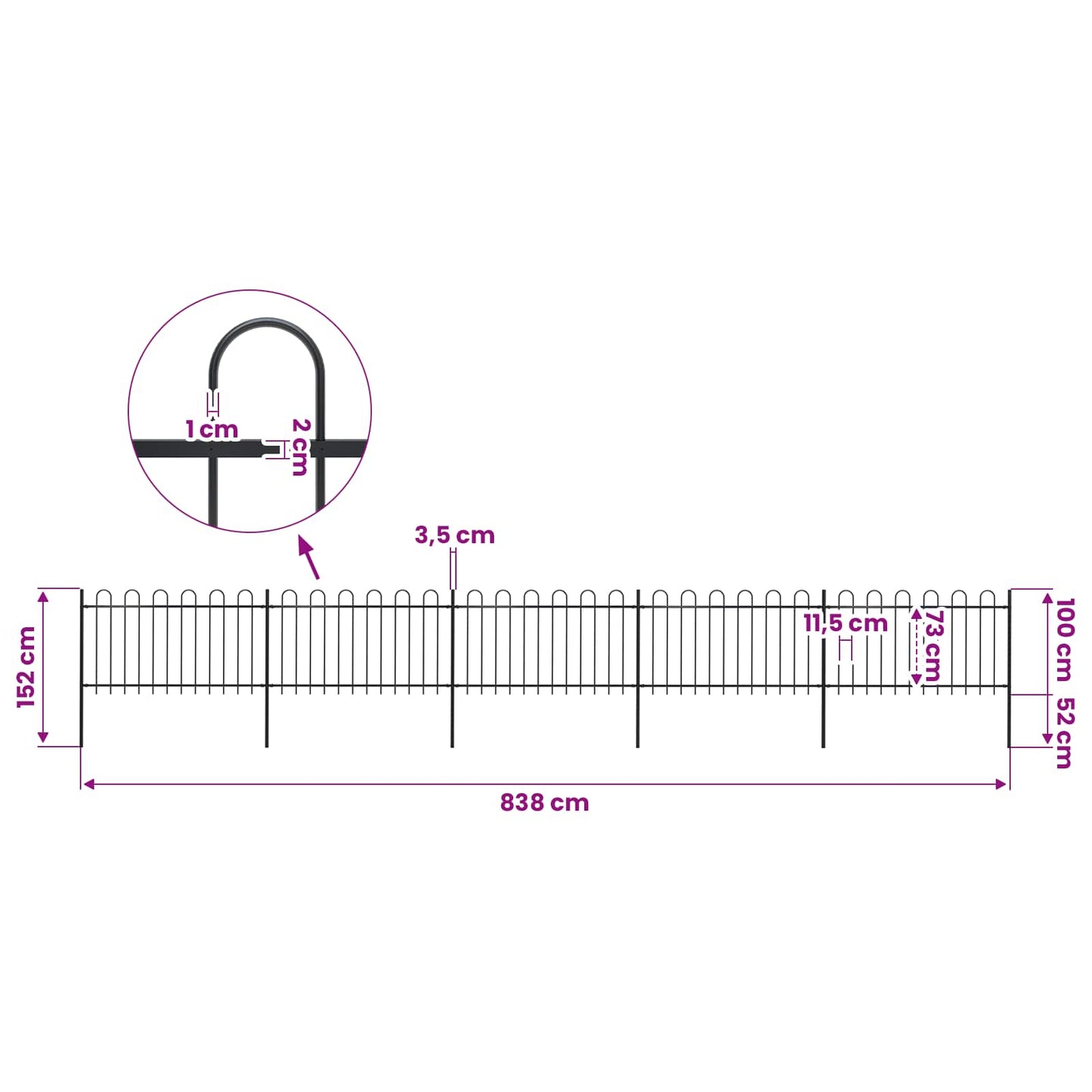 Garden Fence with Hoop Top Steel 838x100 cm Black