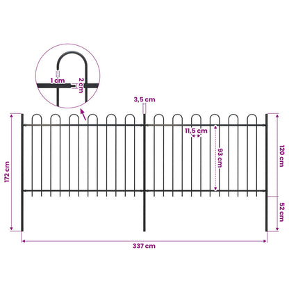 Garden Fence with Hoop Top Steel 337x120 cm Black