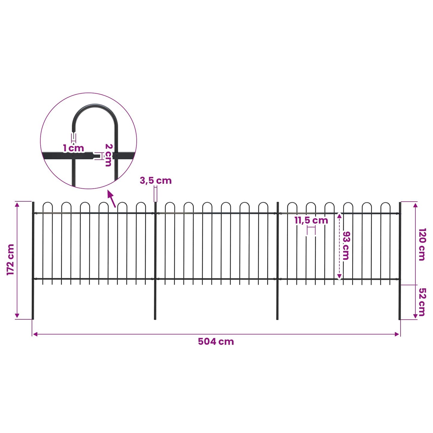 Garden Fence with Hoop Top Steel 504x120 cm Black