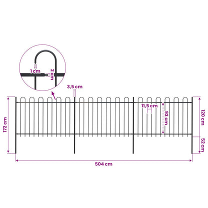 Garden Fence with Hoop Top Steel 504x120 cm Black