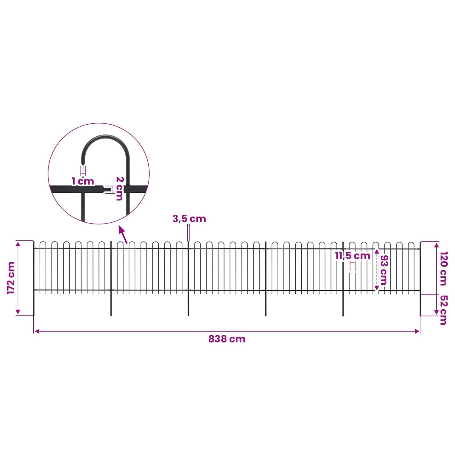 Garden Fence with Hoop Top Steel 838x120 cm Black
