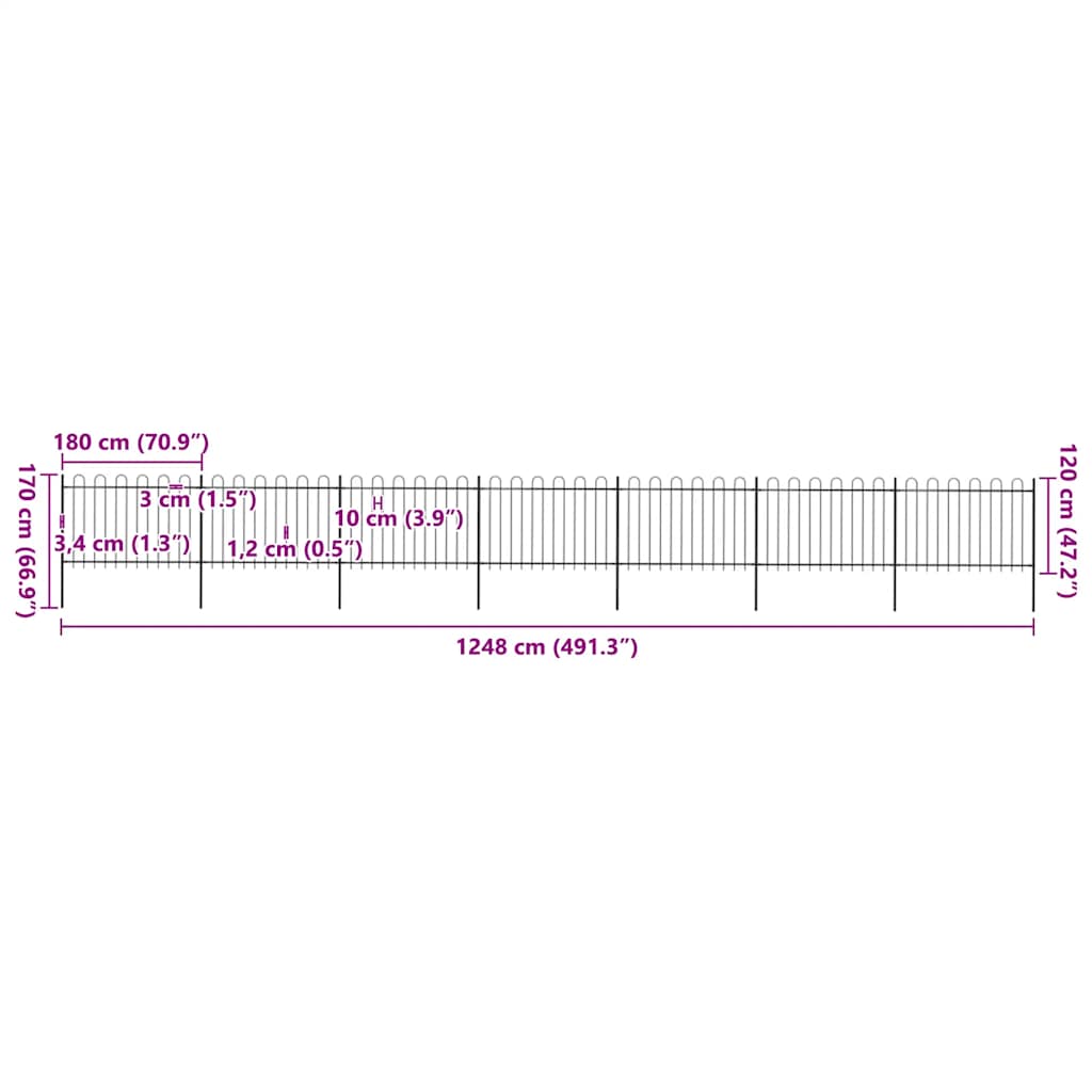 Garden Fence with Hoop Top Steel 1248x120 cm Black