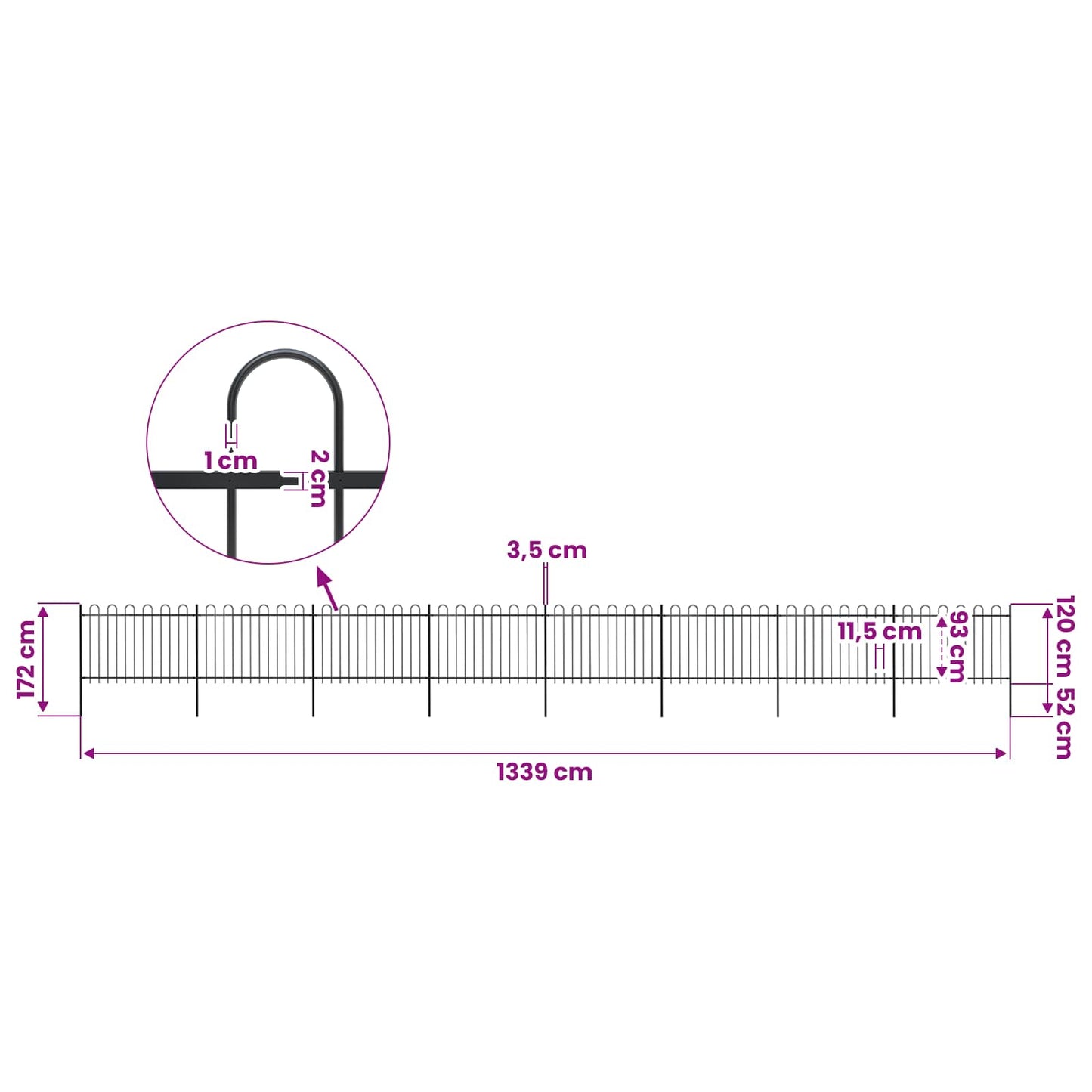 Garden Fence with Hoop Top Steel 1339x120 cm Black