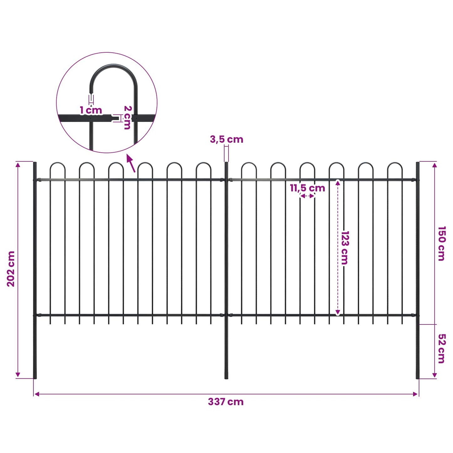 Garden Fence with Hoop Top Steel 337x150 cm Black