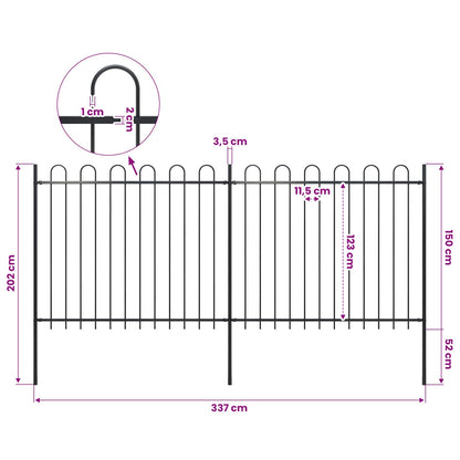 Garden Fence with Hoop Top Steel 337x150 cm Black