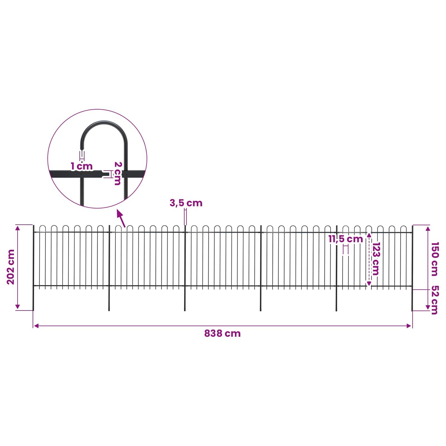 Garden Fence with Hoop Top Steel 838x150 cm Black