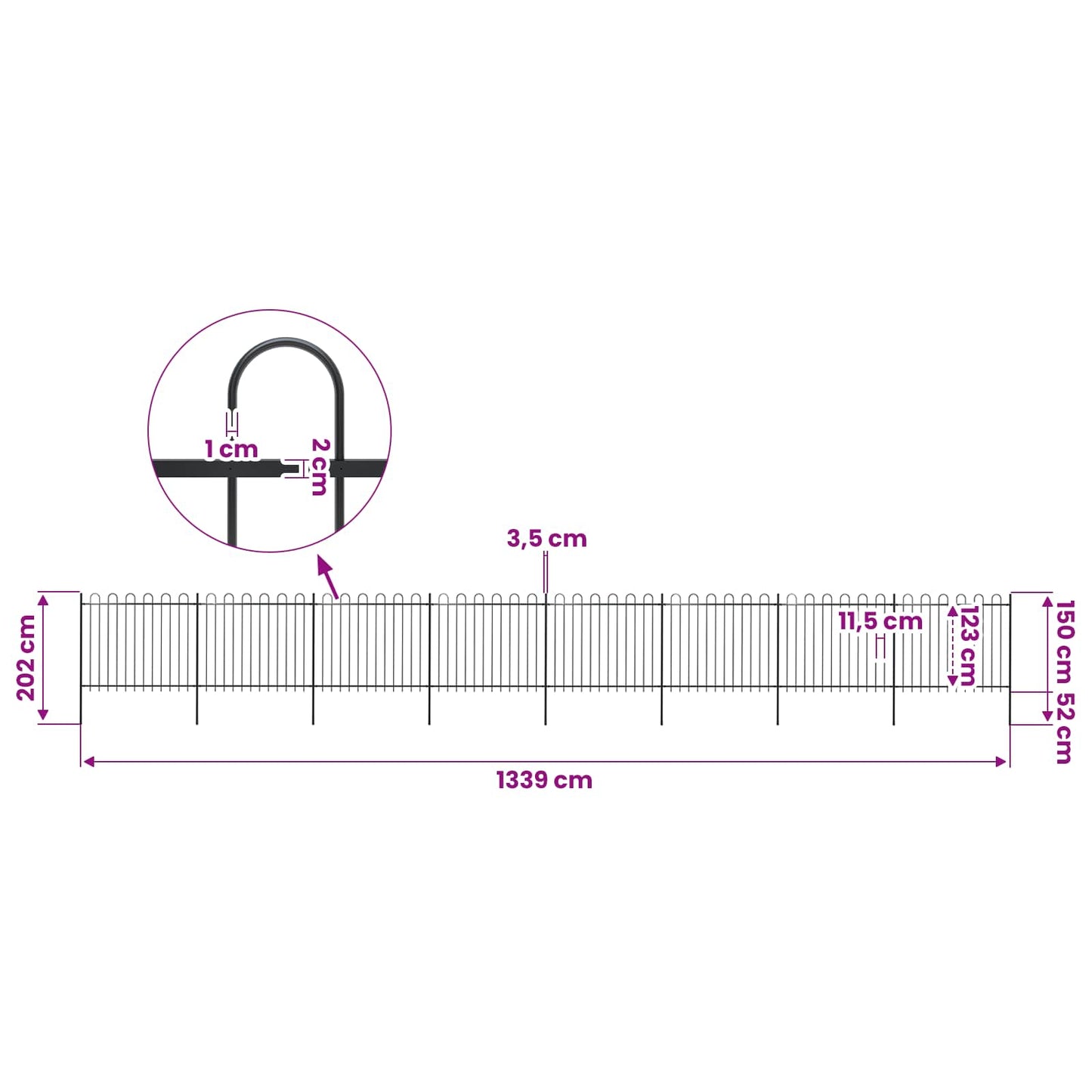 Garden Fence with Hoop Top Steel 1339x150 cm Black