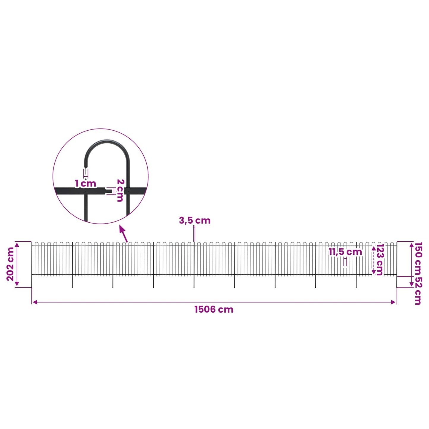 Garden Fence with Hoop Top Steel 1506x150 cm Black