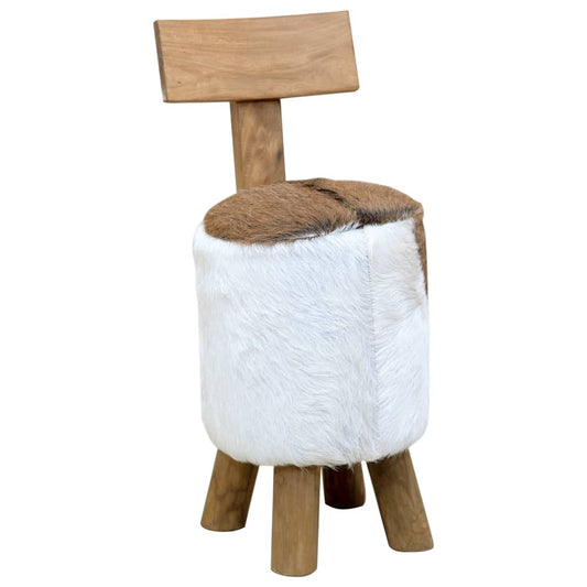 Stool Goatskin Leather and Solid Teak Wood