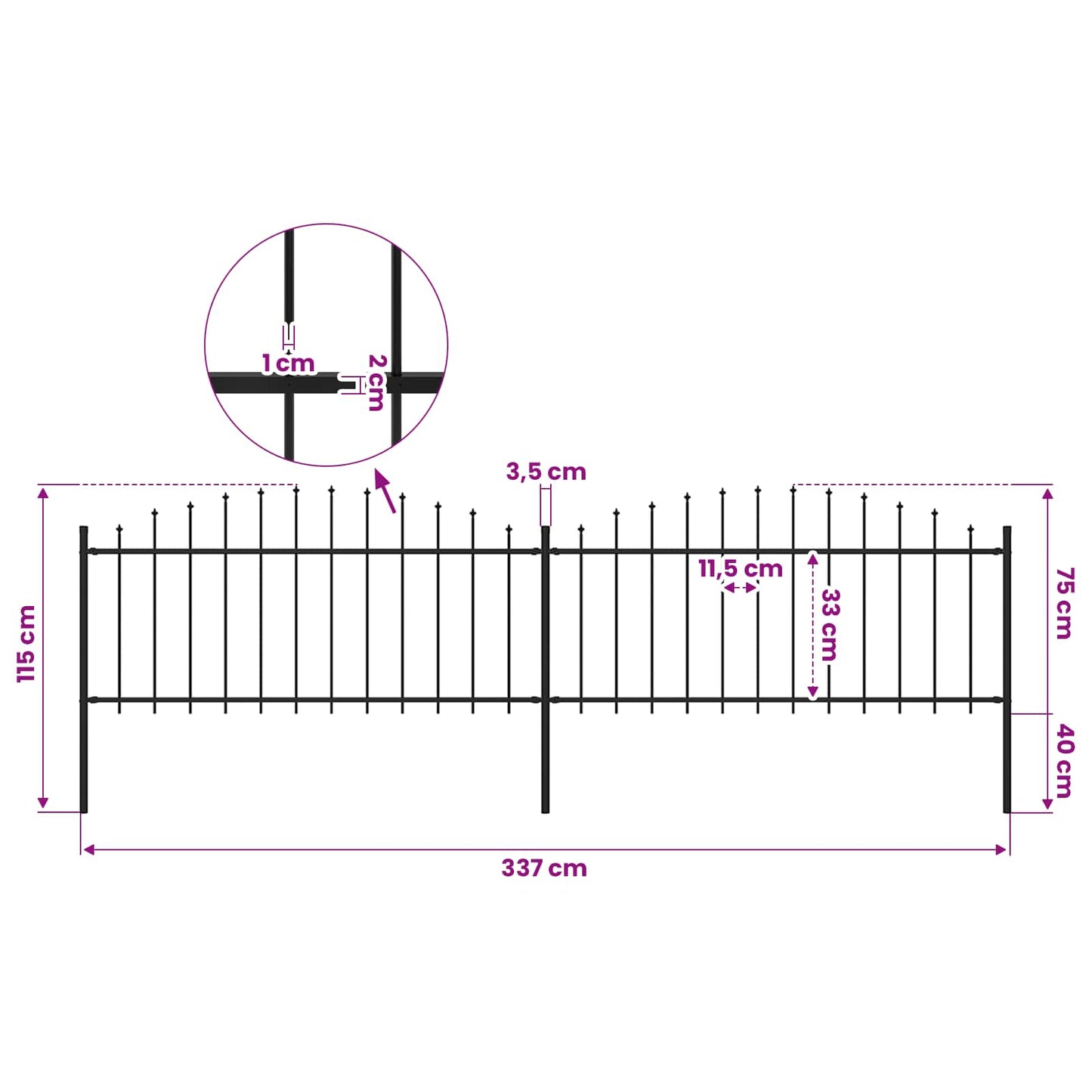 Garden Fence with Spear Top Steel 337x75 cm Black