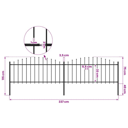 Garden Fence with Spear Top Steel 337x75 cm Black