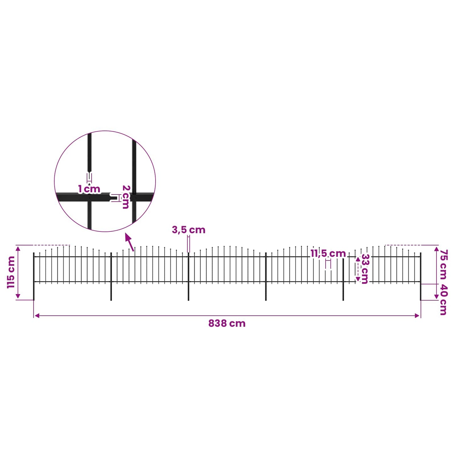 Garden Fence with Spear Top Steel 838x75 cm Black
