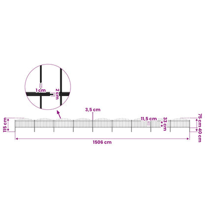 Garden Fence with Spear Top Steel 1506x75 cm Black