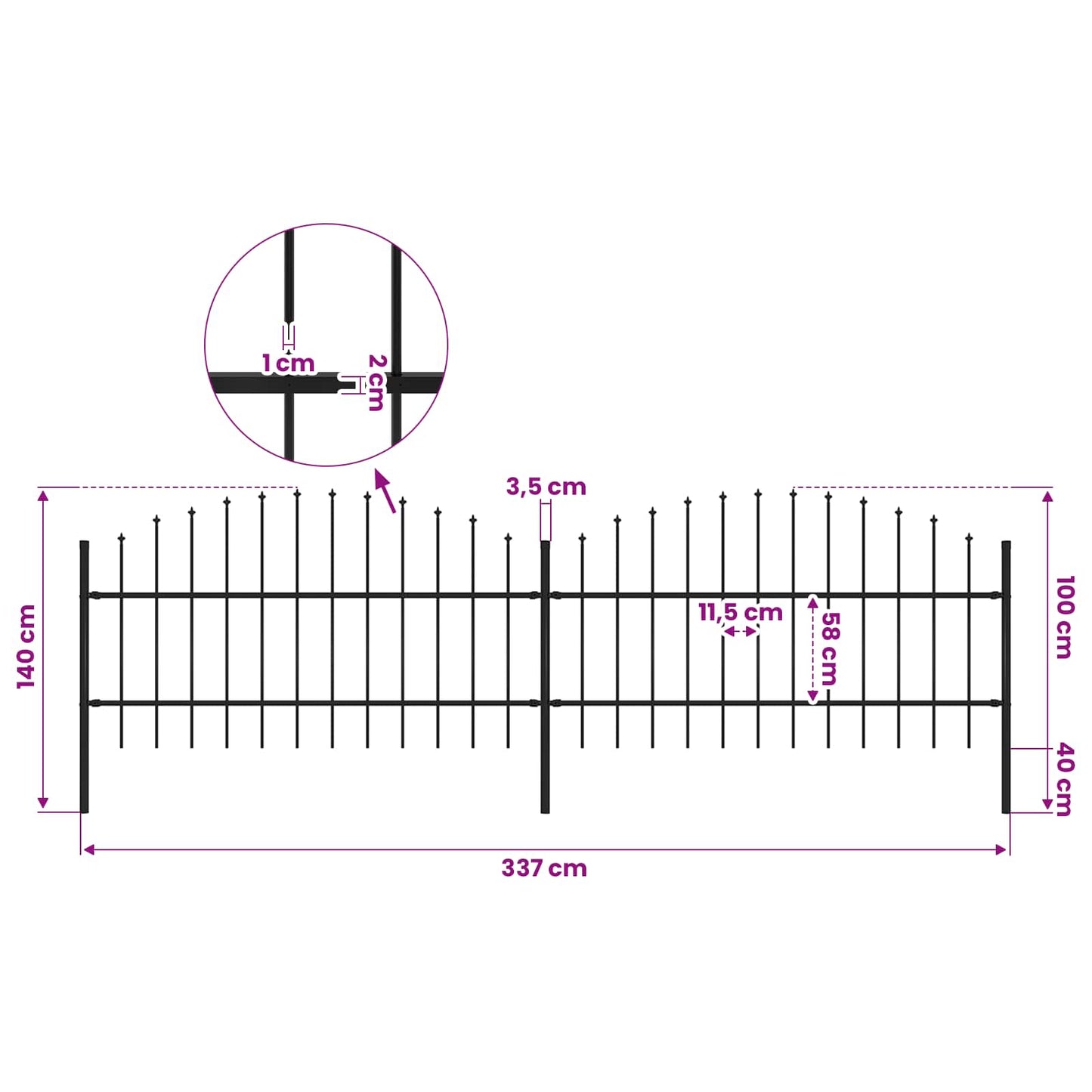 Garden Fence with Spear Top Steel 337x100 cm Black