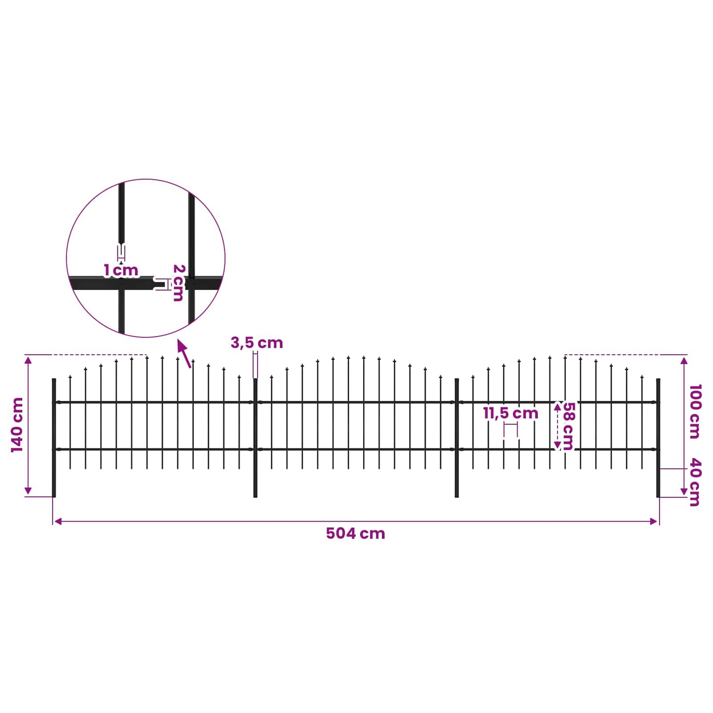 Garden Fence with Spear Top Steel 504x100 cm Black