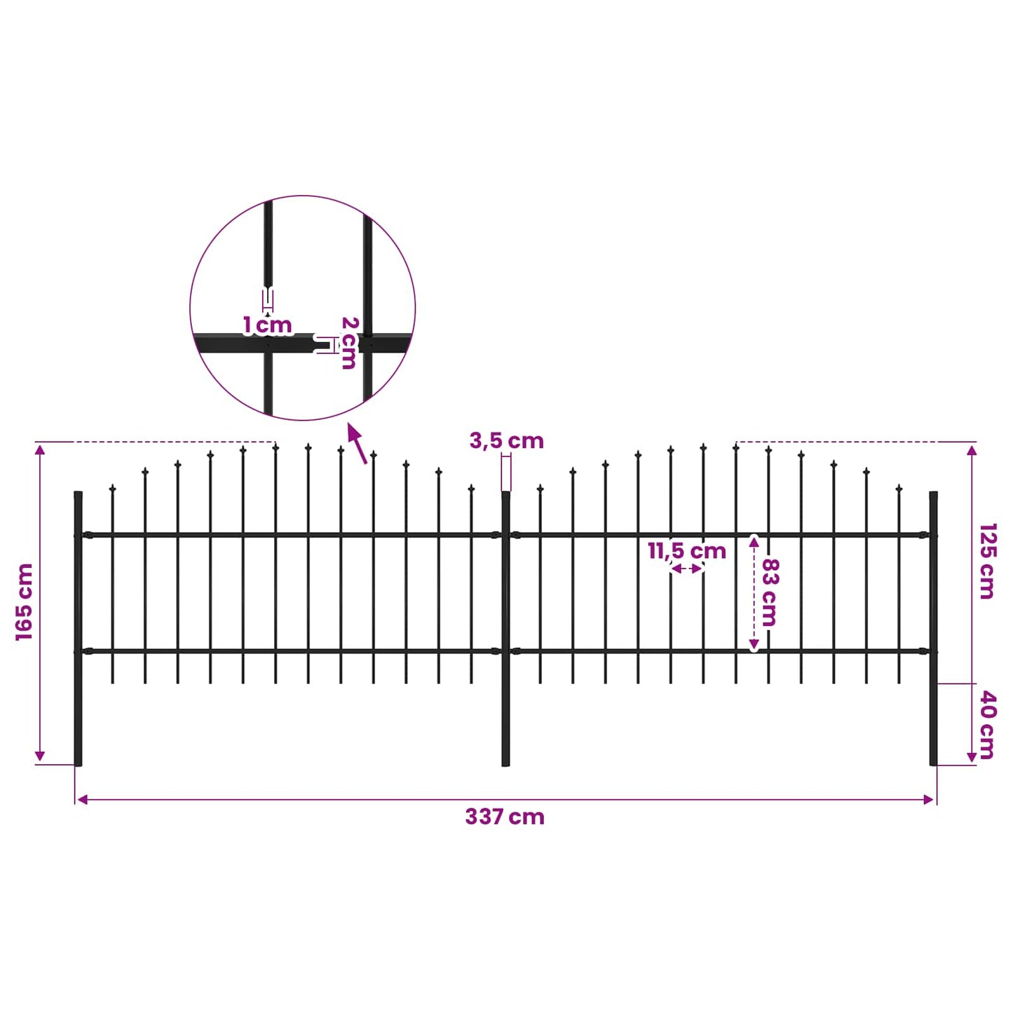 Garden Fence with Spear Top Steel 337x125 cm Black