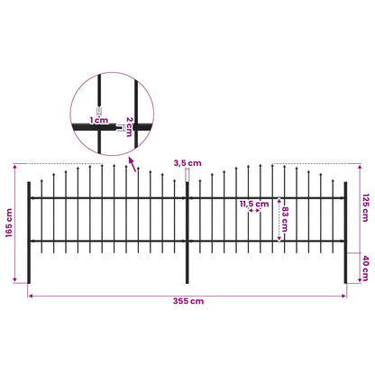 Garden Fence with Spear Top Steel 355x125 cm Black