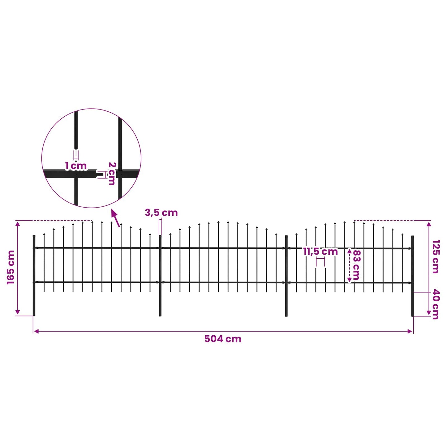 Garden Fence with Spear Top Steel 504x125 cm Black