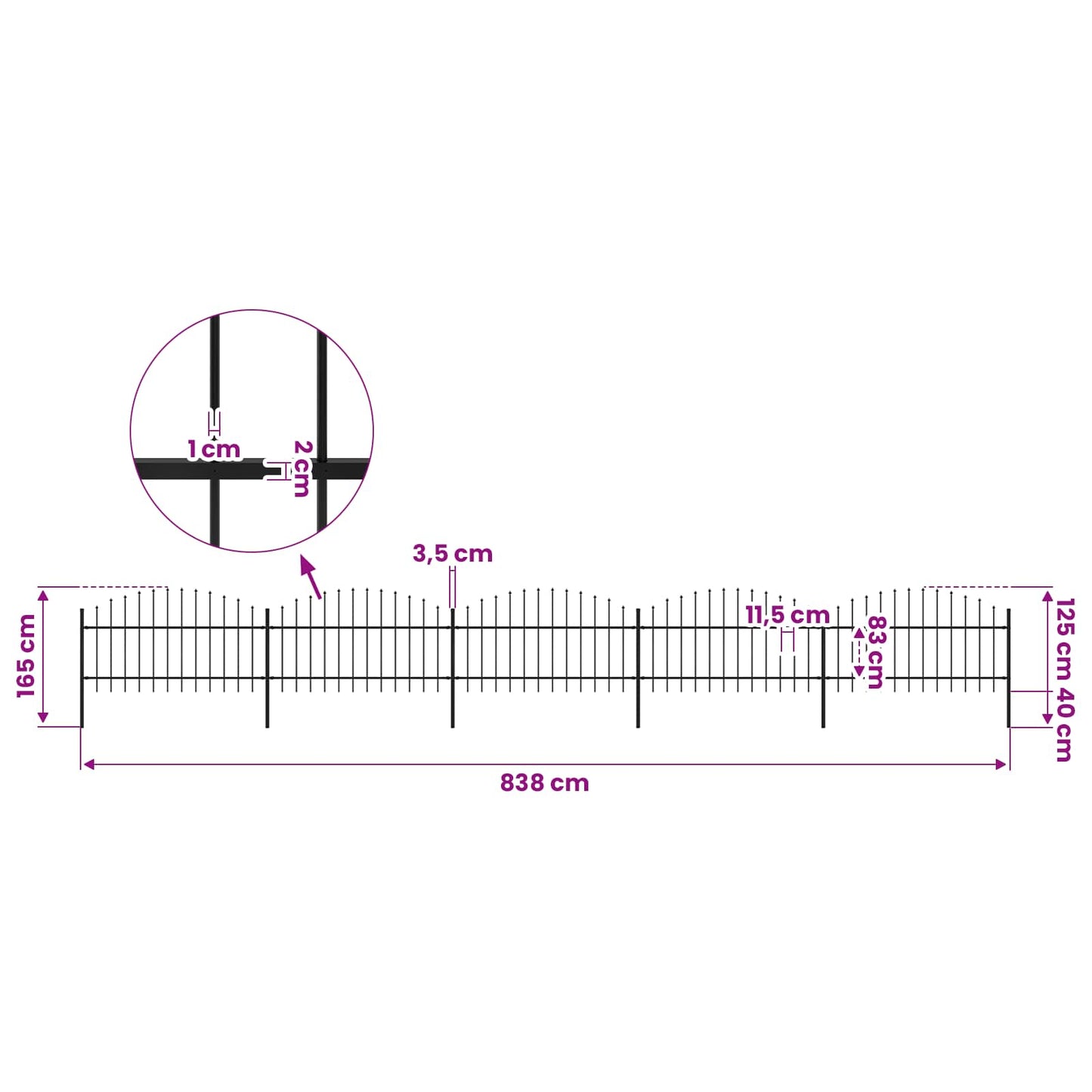 Garden Fence with Spear Top Steel 838x125 cm Black