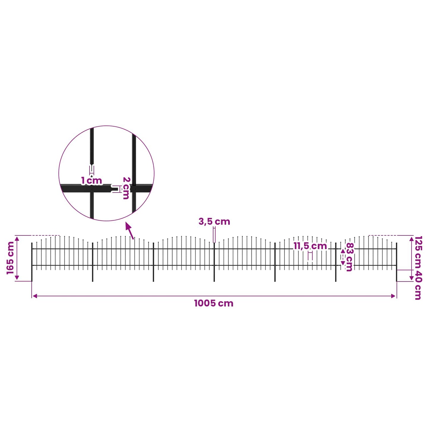 Garden Fence with Spear Top Steel 1005x125 cm Black