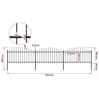 Garden Fence with Spear Top Steel 504x150 cm Black