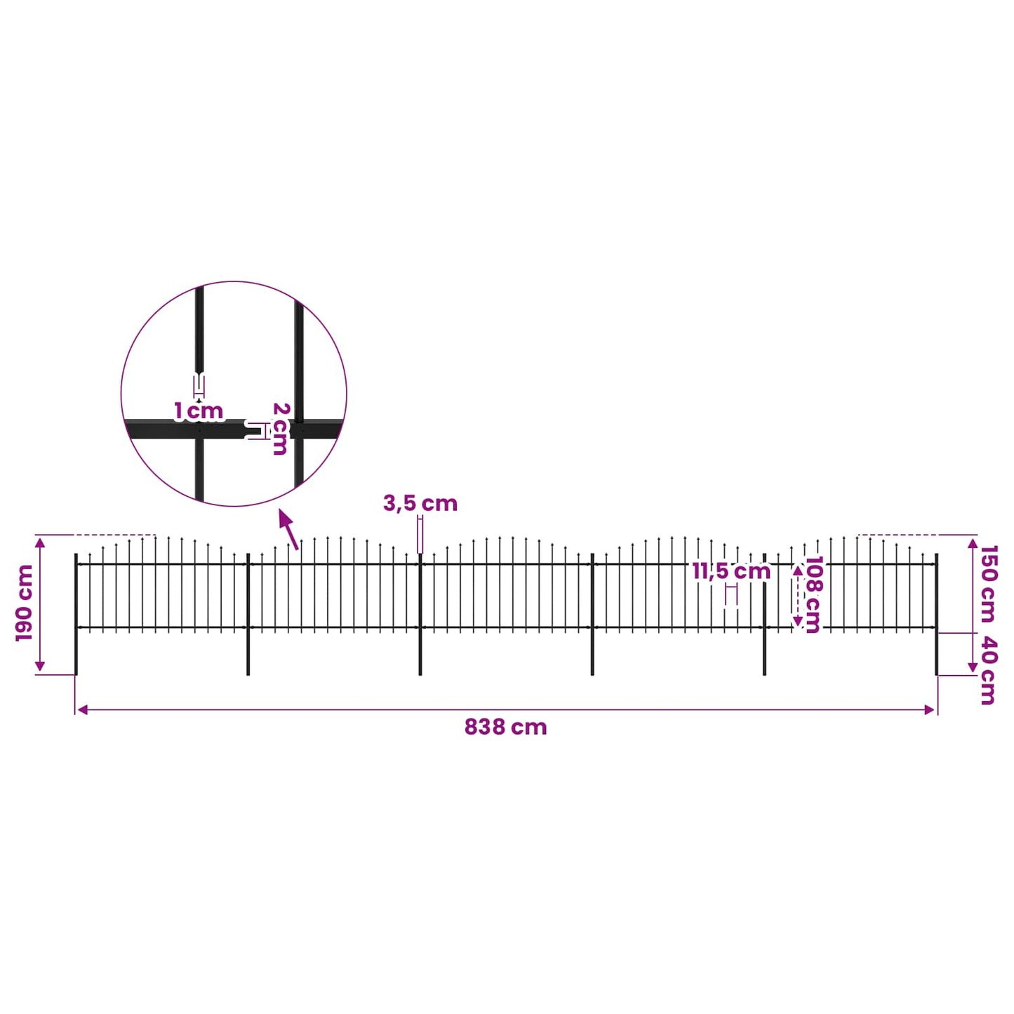 Garden Fence with Spear Top Steel 838x150 cm Black