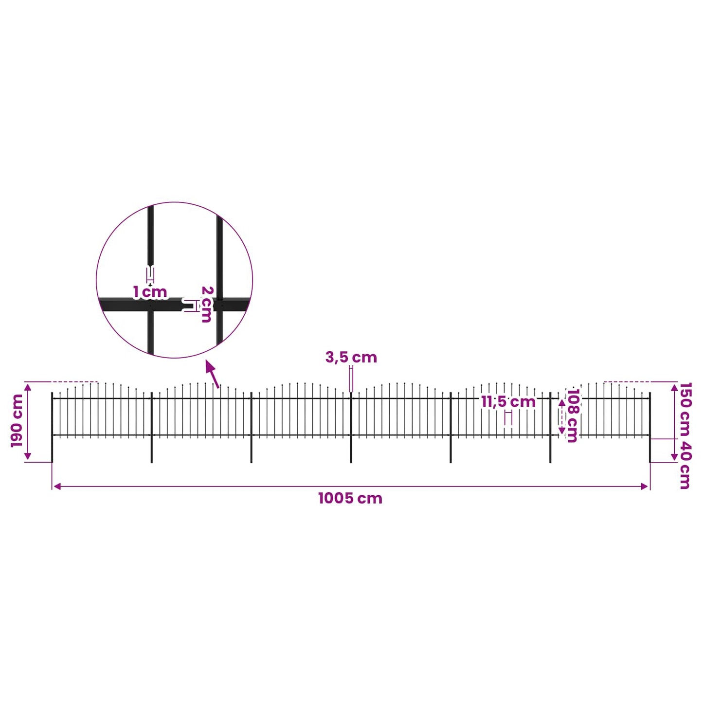 Garden Fence with Spear Top Steel 1005x150 cm Black