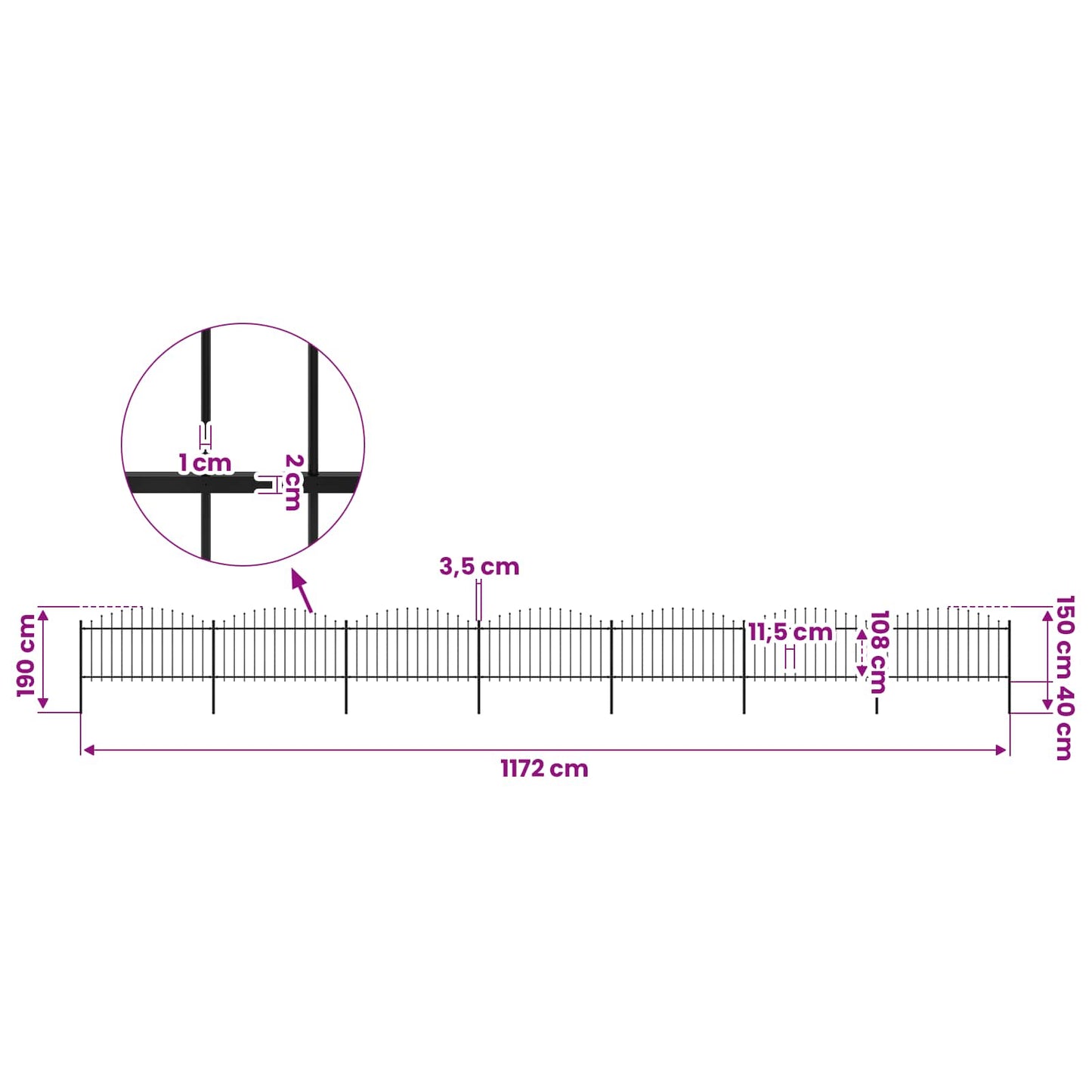 Garden Fence with Spear Top Steel 1172x150 cm Black