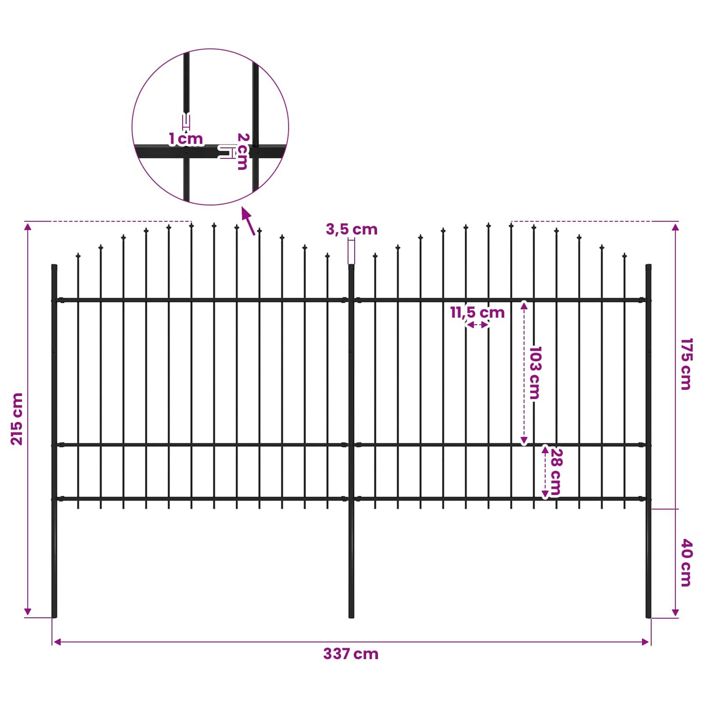 Garden Fence with Spear Top Steel 337x175 cm Black